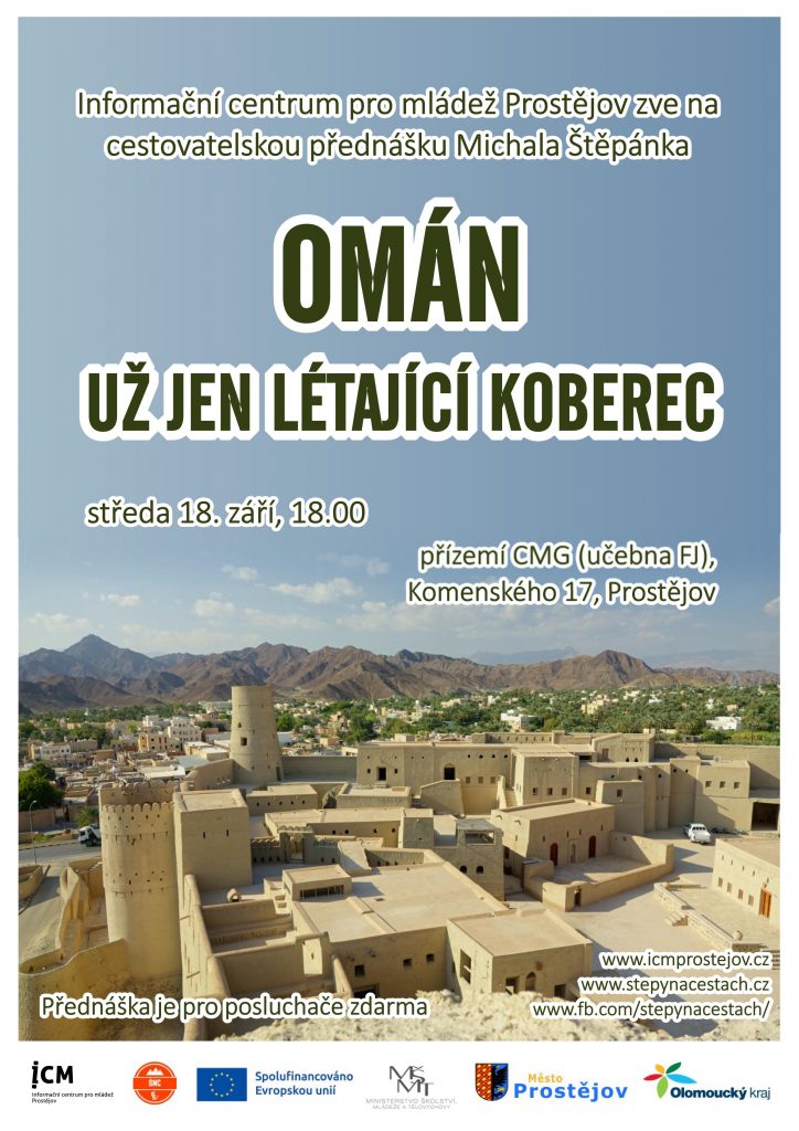 Plakát na přednášku Omán - už jen létající koberec